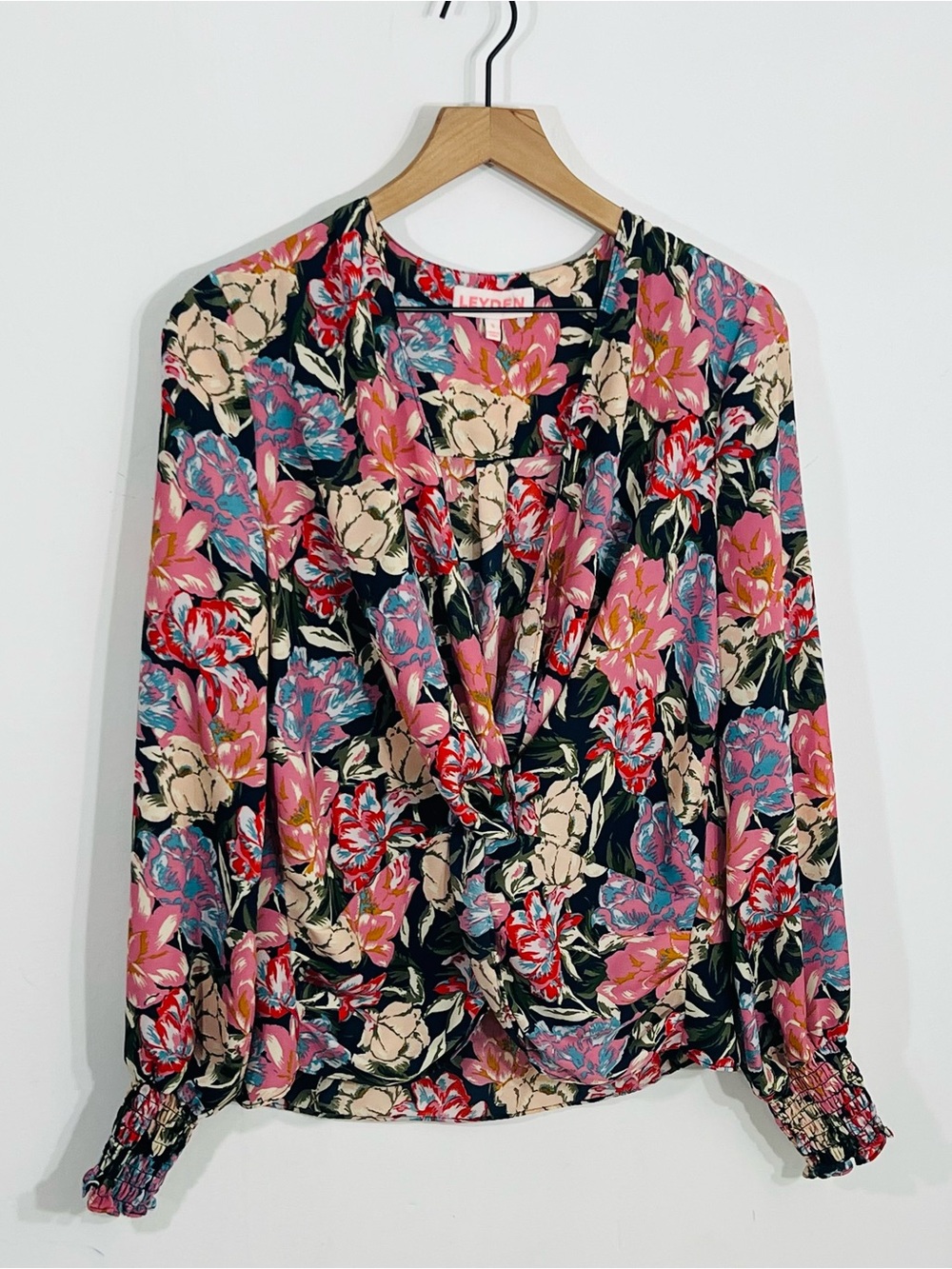 Leyden Deep V Neck Long Sleeve Scrunch Sleeve Wrap Floral Print Timeless Preppy